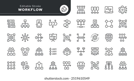 Workflow line icon set. Process, activity, organization, productivity, sequence, scheme, gear, block, template and others. Outline icon in linear style. Vector collection.	
