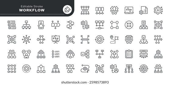 Workflow line icon set. Process, activity, organization, productivity, sequence, scheme, gear, block, template and more. Outline vector icon in linear style. Pictogram collection	
	

