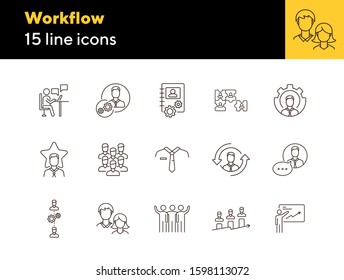 Workflow line icons. Puzzle of workers, diagram, men speaking. Job concept. Vector illustration can be used for topics like work, business, job