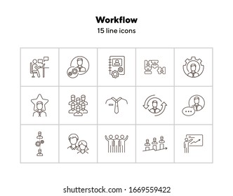 Workflow line icons. Puzzle of workers, diagram, men speaking. Job concept. Vector illustration can be used for topics like work, business, job