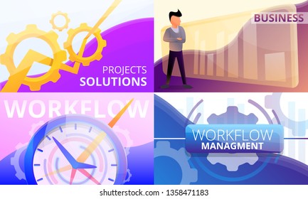 Workflow management banner set. Cartoon illustration of workflow management vector banner set for web design