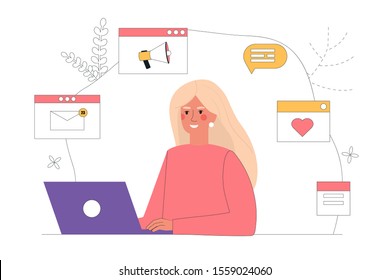 Workflow management business concept illustration. Content Manager woman sitting at the computer, around the icons of social networks. Vector illustration in flat cartoon style.