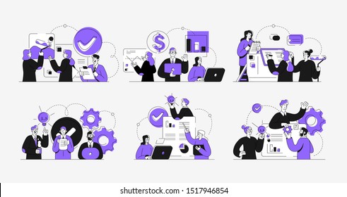 Workflow management business concept illustrations. Collection of scenes at office with men and women taking part in business activity. Outline vector illustration.