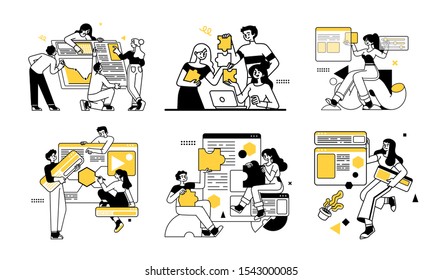 Workflow management business concept illustrations. Collection of scenes at office with men and women taking part in business activity. Outline vector style.