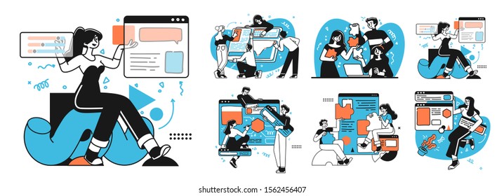 Workflow management business concept illustrations. Collection of scenes at office with men and women taking part in business activity. Outline vector style.