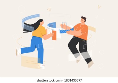 Workflow management business concept illustrations. Team man and woman programmer or designer working in program. Flat style vector illustration.