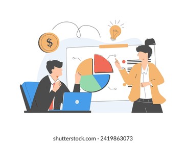Workflow management business concept illustrations. Collection of scenes at office with men and women taking part in business activity. Outline vector illustration