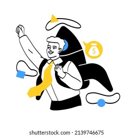 Concepto de negocio de administración de flujos de trabajo. Un emprendedor en jetpack lanza una nueva empresa y logra el éxito. Aumento de los beneficios y desarrollo de la empresa. Dibujo vectorial plano de caricatura en estilo doodle