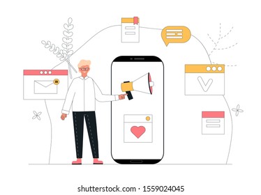 Workflow management business concept vector illustration. Content manager, client, user stands near mobile, around the plant and business icons, banner for advertising, landing page and application.