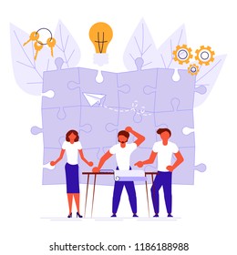 Workflow management concept in flat design. Team of young businessmen have a business meeting and brainstorming. Vector illustration eps 10