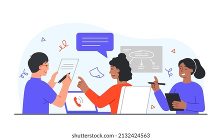 Workflow management concept. Guy and girls in office, employee writes down opinions of colleagues. Paperwork and teamwork. Characters preparing annual report. Cartoon flat vector illustration