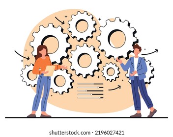 Workflow management concept. Man and girl next to cogwheels. Partnership and cooperation, collaboration. Efficient employees and workers. Poster or banner for website. Cartoon flat vector