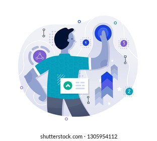 Workflow management concept. Man interacting with abstract business process, setting milestones, managing business growth. Flat illustration on white background