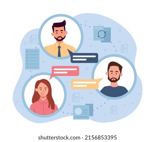 Workflow management concept. Men and girls communicate on Internet, modern technology. Coworking and partnerships, remote colleagues chatting. Brainstorming. Cartoon flat vector illustration