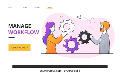 Workflow management concept. Outline minimal style cartoon vector illustration with fictional characters. Website, webpage, landing page template.