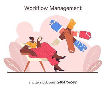 Workflow management concept. A professional orchestrates complex tasks seamlessly, denoting project efficiency and multitasking. Organized digital workplace. Flat vector illustration