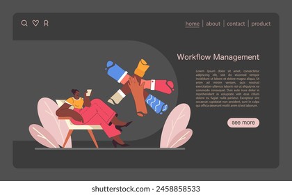 Workflow management concept. A professional orchestrates complex tasks seamlessly, denoting project efficiency and multitasking. Organized digital workplace. Flat vector illustration