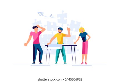 Workflow management concept. Team of young businessmen have a business meeting and brainstorming. Flat Art Vector illustration