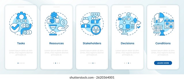 Workflow management elements blue onboarding mobile app screen. Walkthrough 5 steps editable graphic instructions with linear concepts. UI, UX, GUI