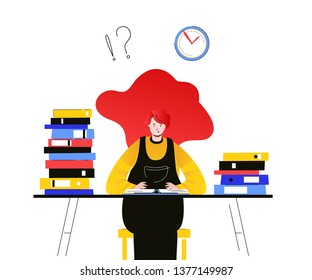 Workflow management - flat design style colorful illustration on white background. Bright composition with young female worker, freelancer sitting at the desk, trying to sort out folders in the office