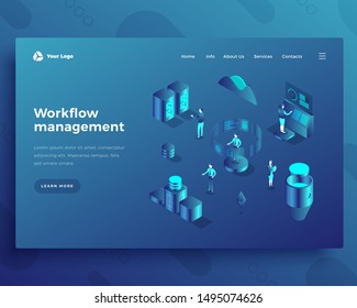 Workflow management isometric landing page template. Workplace automation process web banner. Company teamwork analysis. Employees productivity optimization website page design layout