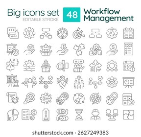 Workflow management line icons set. Teamwork organization. Statistical analytics. Customers experience. Isolated vector outline illustrations. Thin lineart iconset symbols. Editable stroke
