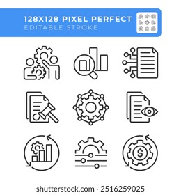 Workflow management pixel perfect linear icons set. Production efficiency, business documentation. Customizable thin line symbols. Isolated vector outline illustrations. Editable stroke