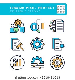 Workflow management RGB pixel perfect color icons set. Production efficiency, business documentation. Isolated vector illustrations. Simple filled line drawings collection. Editable stroke