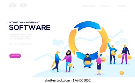 Workflow management software background. Modern illustration slider site page. The concept of software. Web banner for workflow management. Vector image of people engaged workflow management design.