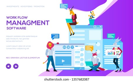 Workflow management software landing page template. Online coworking vector web banner design. Colleagues teamworking. App development. Animal metaphors for office workers cartoon characters