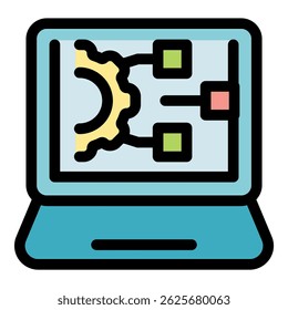 Workflow-Management-System zur Automatisierung von Geschäftsprozessen, Effizienzsteigerung und Optimierung von Abläufen mit auf einem Laptop-Bildschirm angezeigten Geräten und Boxen