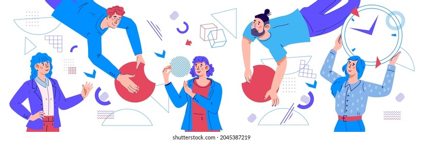 Workflow-Management, Teamwork und Business Collaboration Konzept. Teambuilding und Geschäftspartnerschaft mit Menschen, die an der Geschäftstätigkeit teilnehmen, flache Vektorgrafik einzeln auf Weiß.