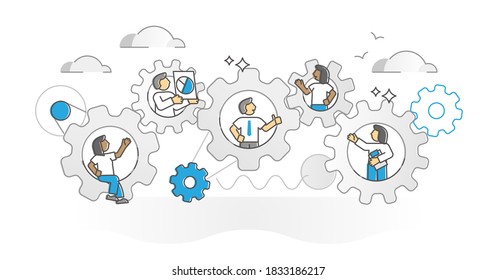 Workflow management as united employee mechanism monocolor outline concept. Project process optimization and precise leading for each work position vector illustration. Linked teamwork chain scene.