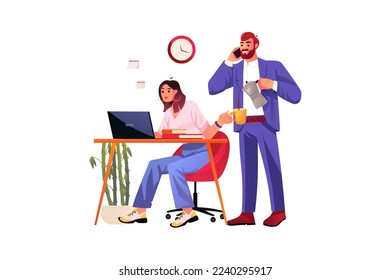Workflow in office concept with people scene in flat design. Vector illustration