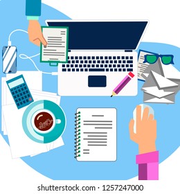 Workflow in the office. Desktop in minimalist style. Cartoon Vector Illustration