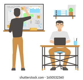 Workflow in the office. Men at work. Planning and organization. Flat design. Vector illustration.