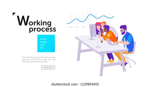 Workflow, office open space, a group of people managers sit at computers
and enthusiastically discuss the increase in sales on the chart, vector isometry flat illustration
