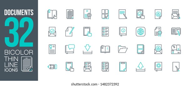 workflow at office work outline flat icons set. Thin line design logo e-mail and post mail workflow. icon pictogram set documents paper icons isolated on white. outline logo symbols for web mobile app