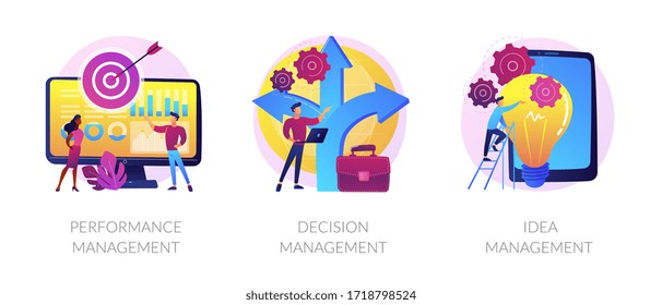 Workflow optimization, business direction choosing, startup launch icons set. Performance management, decision management, idea management metaphors. Vector isolated concept metaphor illustrations