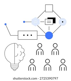 Optimización del flujo de trabajo, colaboración en equipo, innovación, procesos automatizados, sistemas tecnológicos, toma de decisiones. Diagrama de procesos interconectados e icono de bombilla con personas. Flujo de trabajo