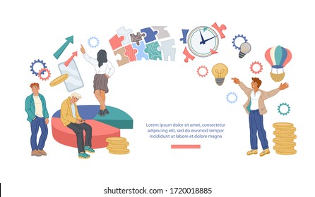 Banner del sitio web de organización y administración de flujos de trabajo con el equipo de personas de negocios.  El proceso de trabajo en equipo y los plazos respetan. Eficacia en la jornada laboral y planificación eficaz del tiempo. Ilustración aislada del vector.