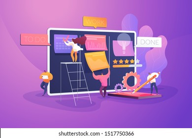 Workflow organization. Office work and time management. Kanban board, teamwork communication process, agile project management concept. Vector isolated concept creative illustration