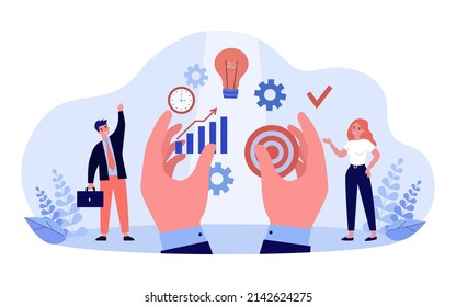 Workflow organization for tiny employees by boss. Hands giving lightbulb, clock and target to man and woman flat vector illustration. Efficiency concept for banner, website design or landing web page