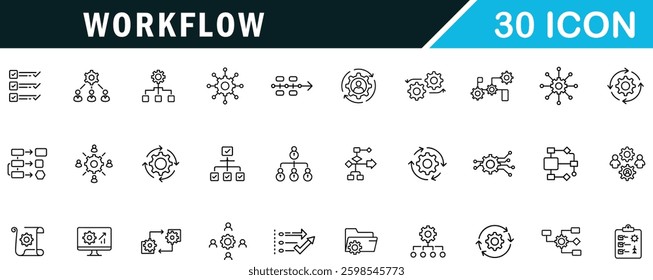 Workflow outline editable icon set . Networking, progress, scheme and more.