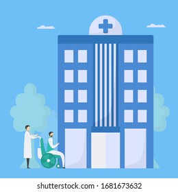 Workflow of patient care. Man with illness comes to hospital. Medical vector illustration with flat tiny style.