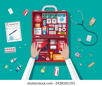 Workflow of physicians. First aid kit with medical equipment and medications. Healthcare, hospital and medical diagnostics. Urgency and emergency services. Vector illustration in flat style