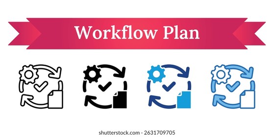 Plano de Fluxo de Trabalho - Contorno, Silhueta de Glifos, Tom Duplo, Ícone de Preenchimento Azul - papel de lista de verificação, setas e engrenagens, representando o planejamento, o fluxo de tarefas e os ciclos de trabalho iterativos
