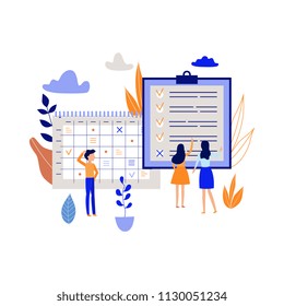Workflow planning concept with people recording and marking tasks and goals in large schedule isolated on white background - flat vector illustration of time management and organizing.