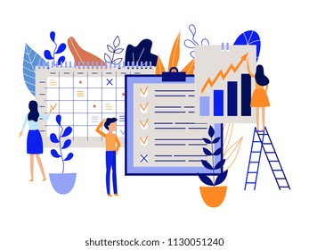 Workflow planning concept with people recording and marking tasks and goals in large schedule and calendar isolated on white background - time management and organizing in flat vector illustration.