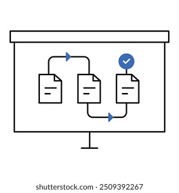 Diseño de iconos de presentación de flujo de trabajo. Representa Visualización de Procesos, Organización de Tareas, Eficiencia, Planificación Estratégica. Icono de Vector con trazo editable.